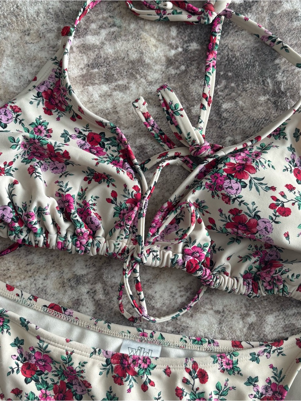 Floral Tie-Front Bikini Top and Bottom Set - Cream with Pink & Red Flowers